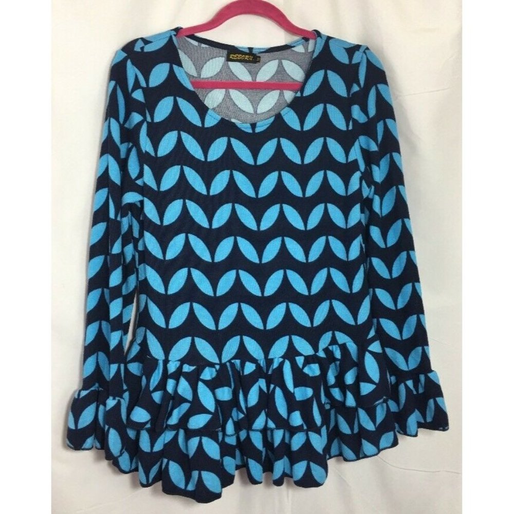Womens Reborn Ruffled Tunic Blue Medium Long Sleeve